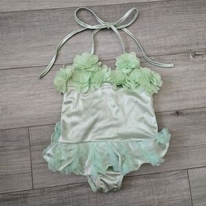 Dollcake Vintage Mint Green Satin Lace & Tulle Kids Swimsuit One Piece Size 2